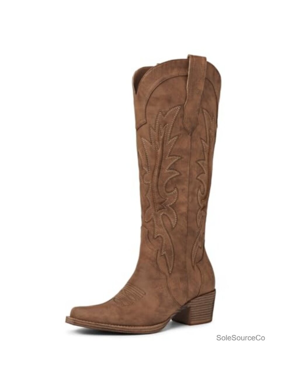Womens Knee High Cowboy Boots Pointed Toe Embroidered Chunky Heel